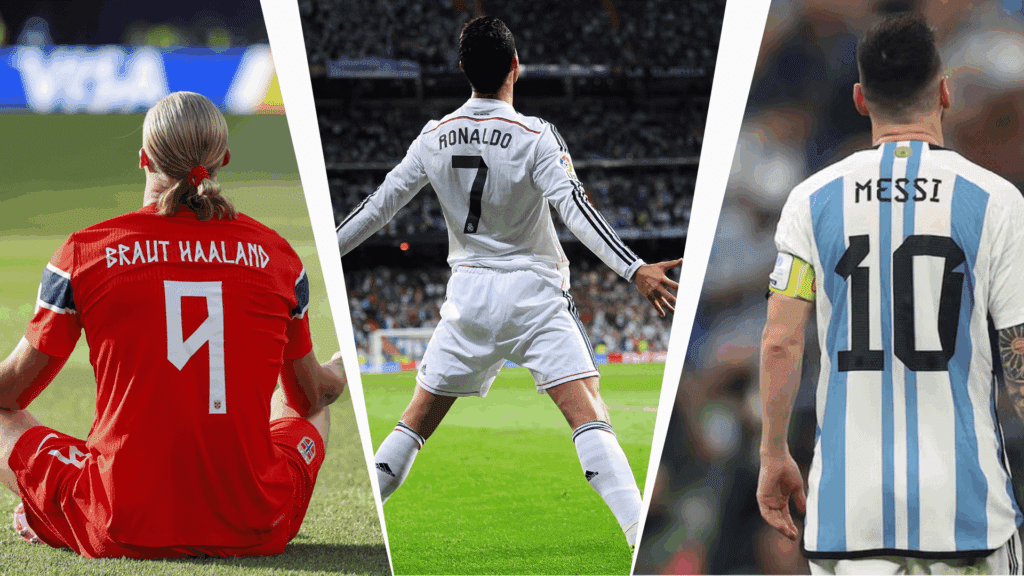 soccer players wearing number 9 7 and 10 jerseys shown from behind in a three panel stadium collage