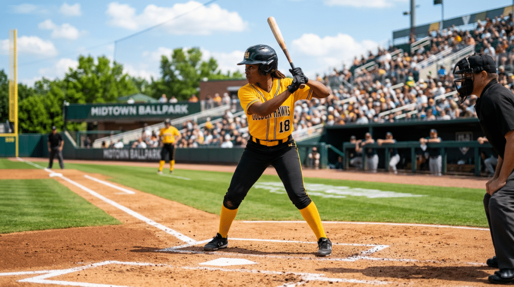 softball batter waiting for the pitch at home plate during a game with the umpire crowd and teammates in the background