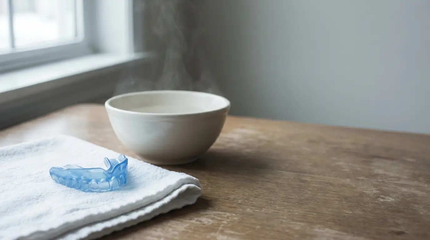 Steaming white bowl and blue mouthguard on wooden table near window