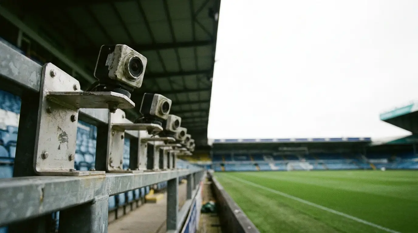 Stadium security cameras mounted on railing overlooking empty football field