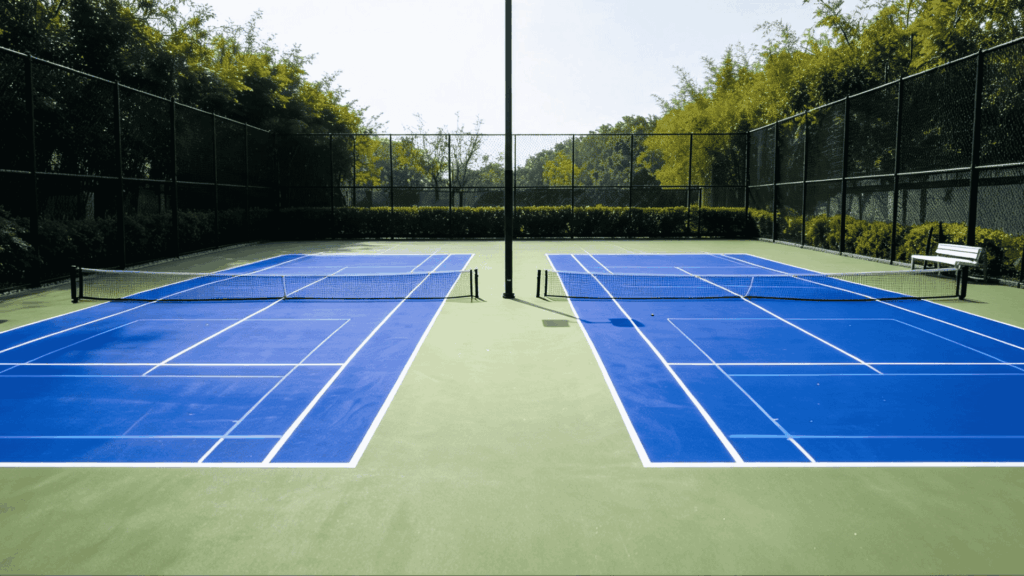 Tennis court converted into two pickleball courts with portable nets and temporary court markings