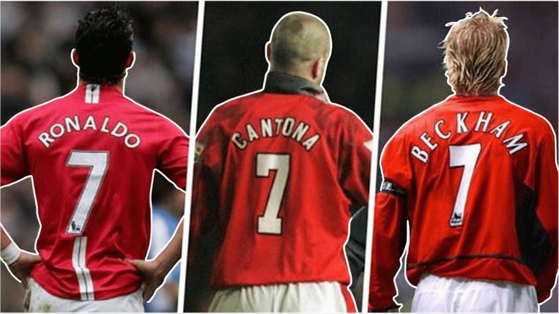 three soccer players wearing red number seven jerseys viewed from behind showing different names across separate side by side panels