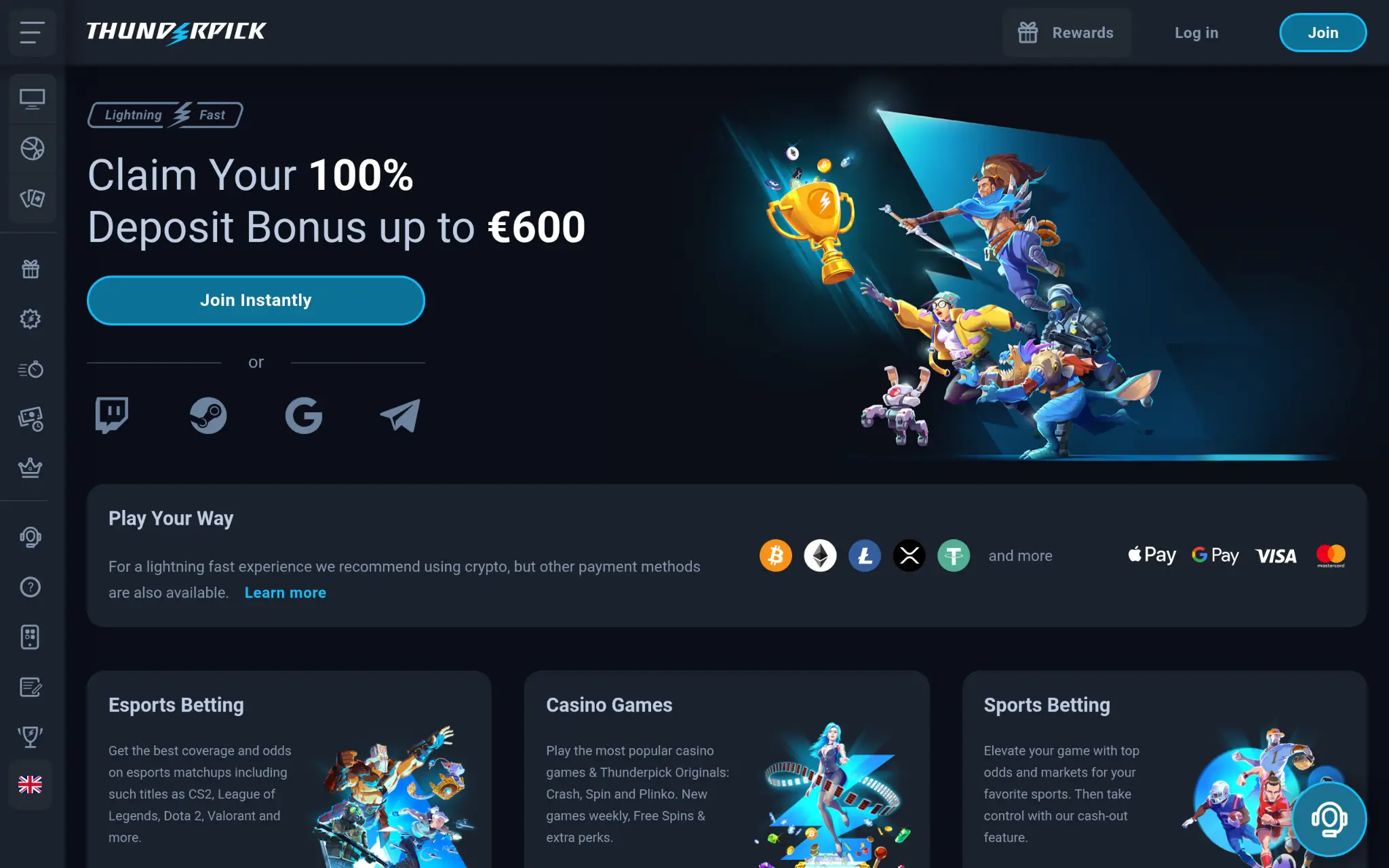 Animated characters holding trophy on dark background with bonus promotion text and payment icons
