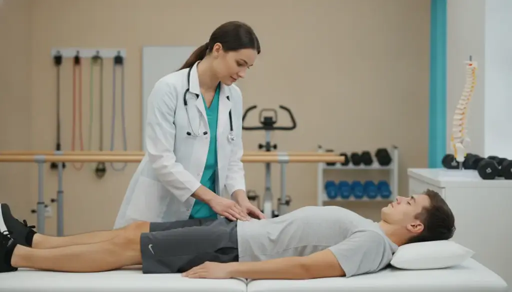 Healthcare professional examining patient's abdomen in physiotherapy clinic with exercise equipment in background
