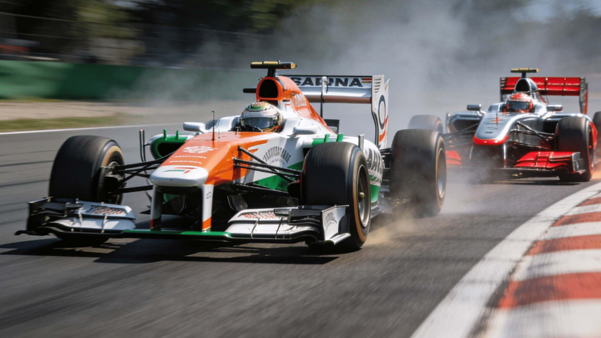 two formula 1 race cars battle through a high speed corner with dust smoke and motion blur on a professional racetrack