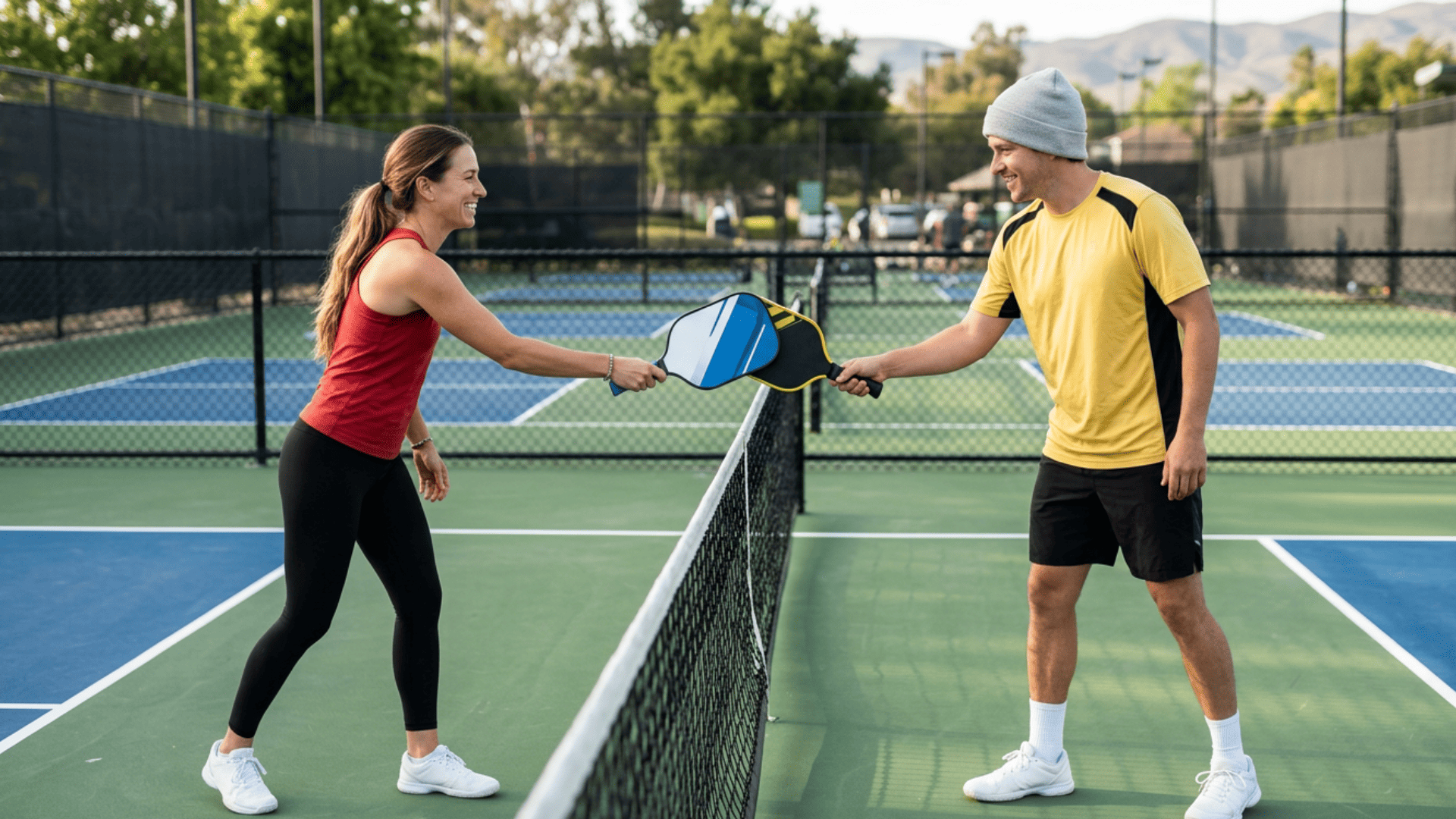 Two pickleball players tap paddles across the net on an outdoor court wearing red black and yellow black athletic outfits