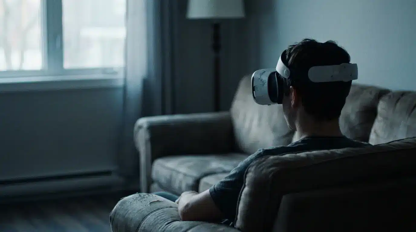 Person wearing VR headset seated on beige sofa in dimly lit living room