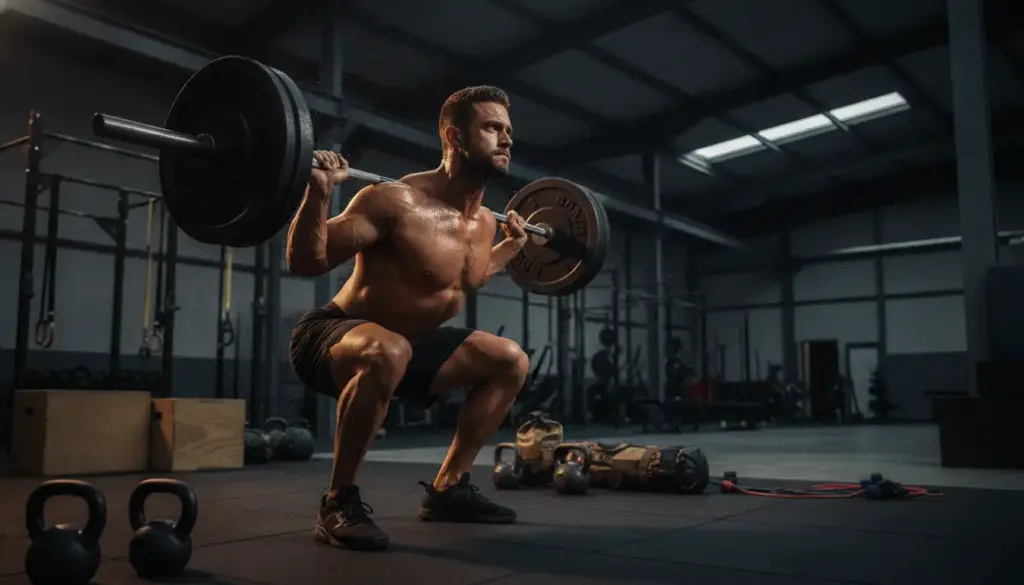 Man performing squats with barbell in a dimly lit gym environment