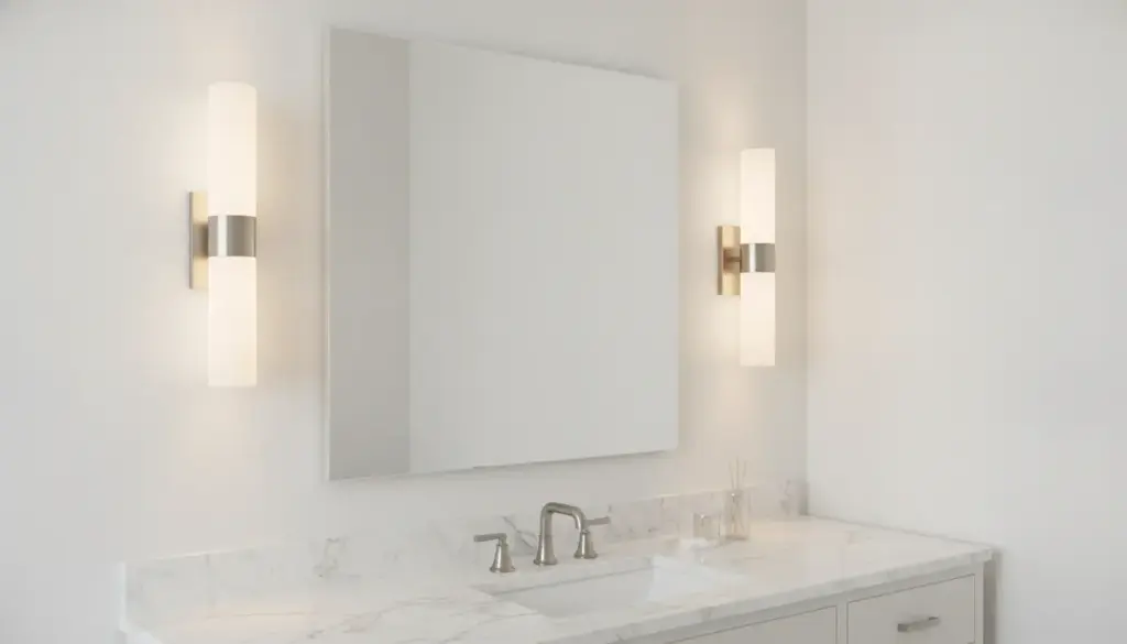 Marble bathroom countertop with rectangular mirror and modern wall sconces in soft lighting