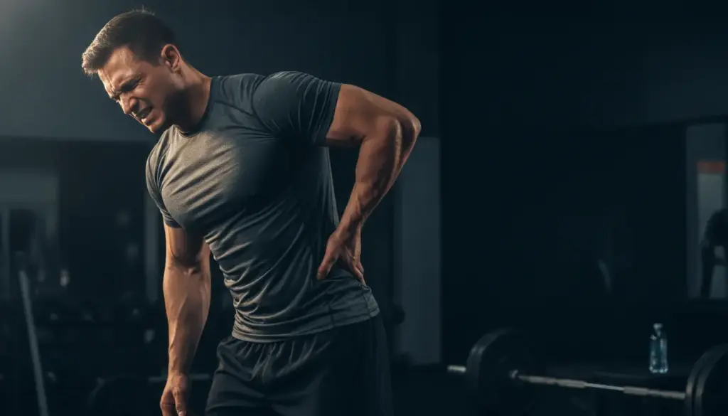 Man in athletic attire experiencing back pain in dimly lit gym with weightlifting equipment nearby