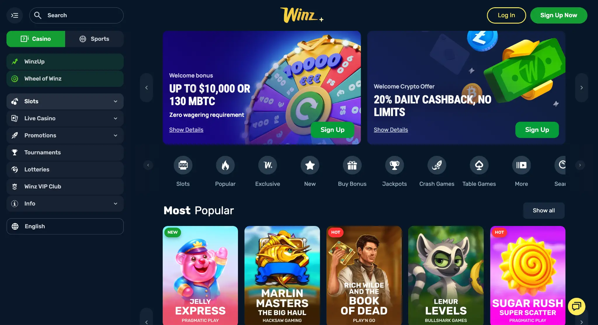 Online casino homepage with colorful game thumbnails and promotional banners on dark background