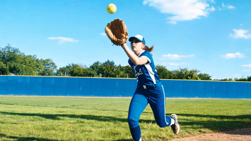 young softball player preparing to catch a fly ball during an outdoor game on a sunny day