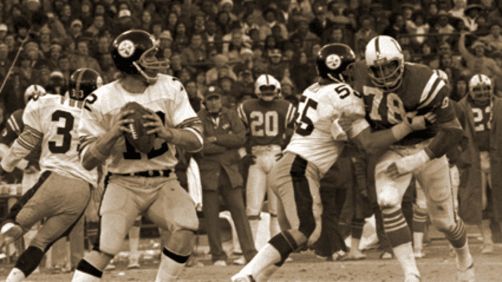 1976 pittsburgh steelers defense pressuring an opposing quarterback during a classic nfl game