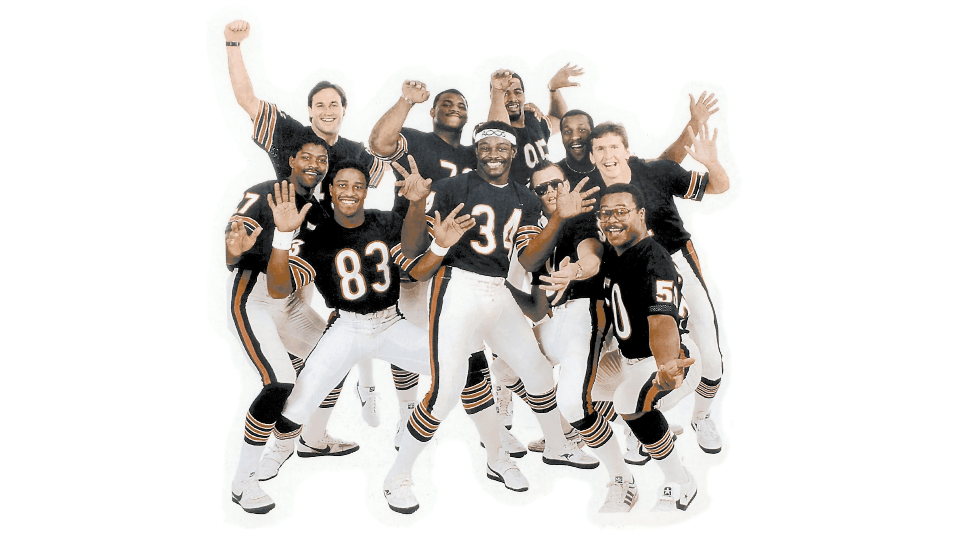 1985 chicago bears defensive players celebrating together during their historic super bowl championship season