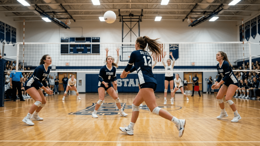 volleyball setter running offense from the back row during a competitive indoor match with teammates positioned on court