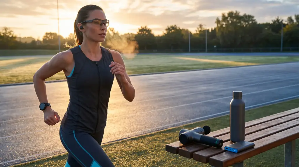 Woman jogging on outdoor track at sunrise with water bottle and massage gun on bench
