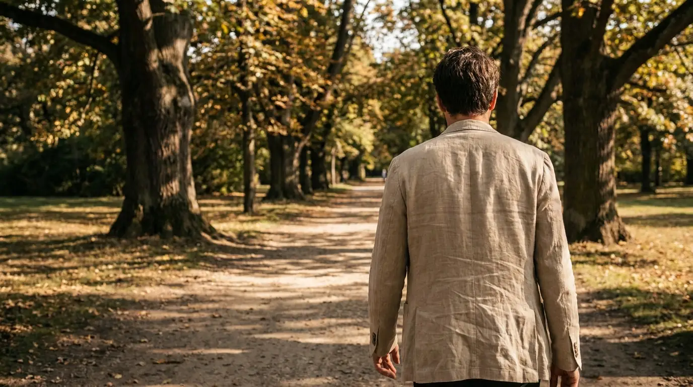 Man in beige jacket walking along tree-lined path in sunny park