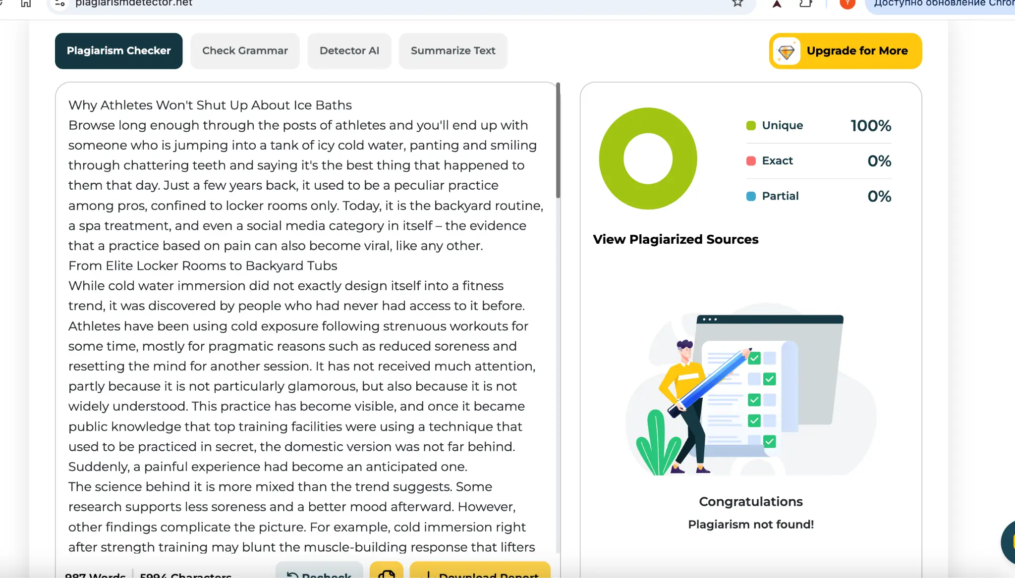 Plagiarism detection report showing 100% unique result with no plagiarism detected