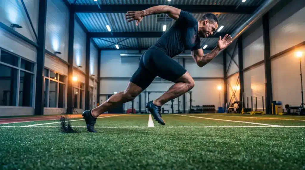 Athlete in black outfit sprinting on indoor track with artificial turf under cool lighting