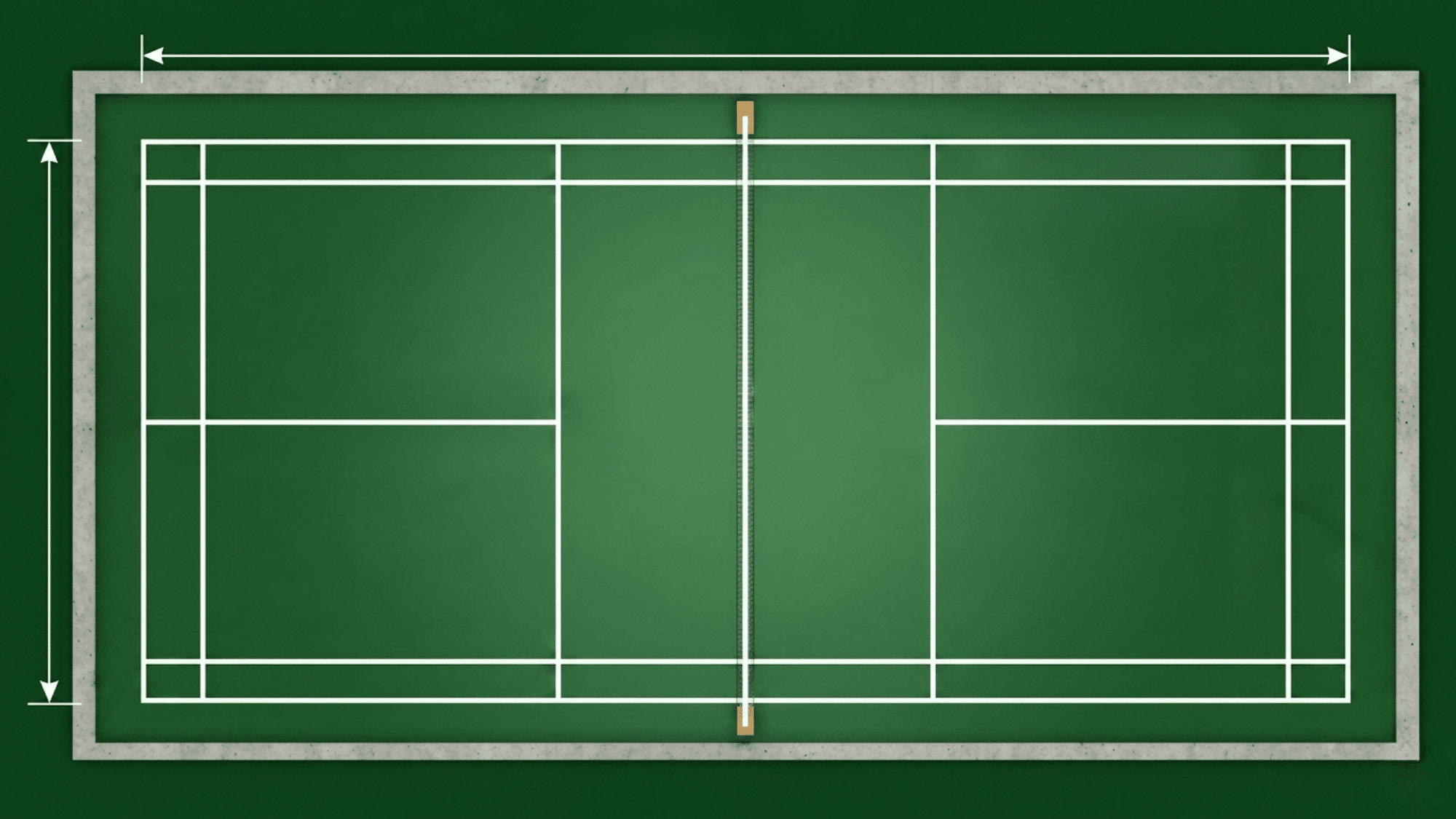 badminton court layout showing official dimensions boundary lines net and measurement markings