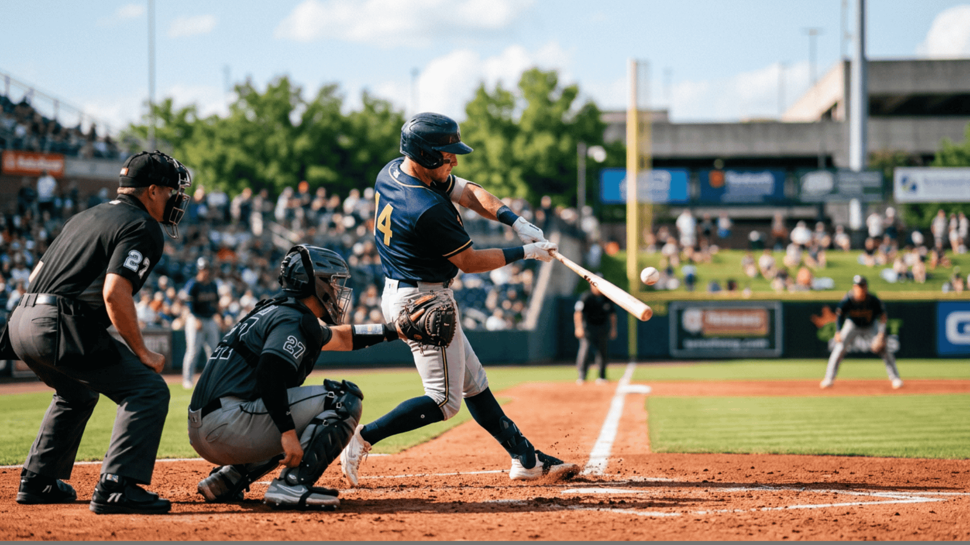 Baseball player hitting the ball during a live game with catcher and umpire behind home plate