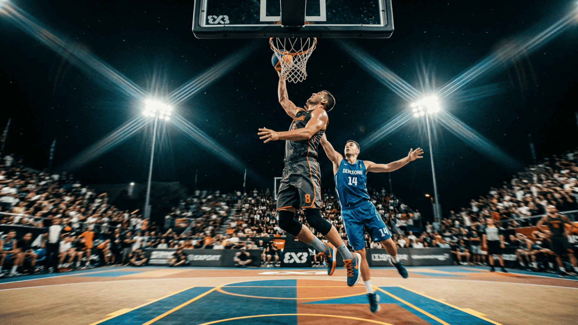 Basketball player making a layup during an outdoor night game with a defender and cheering crowd under bright stadium lights