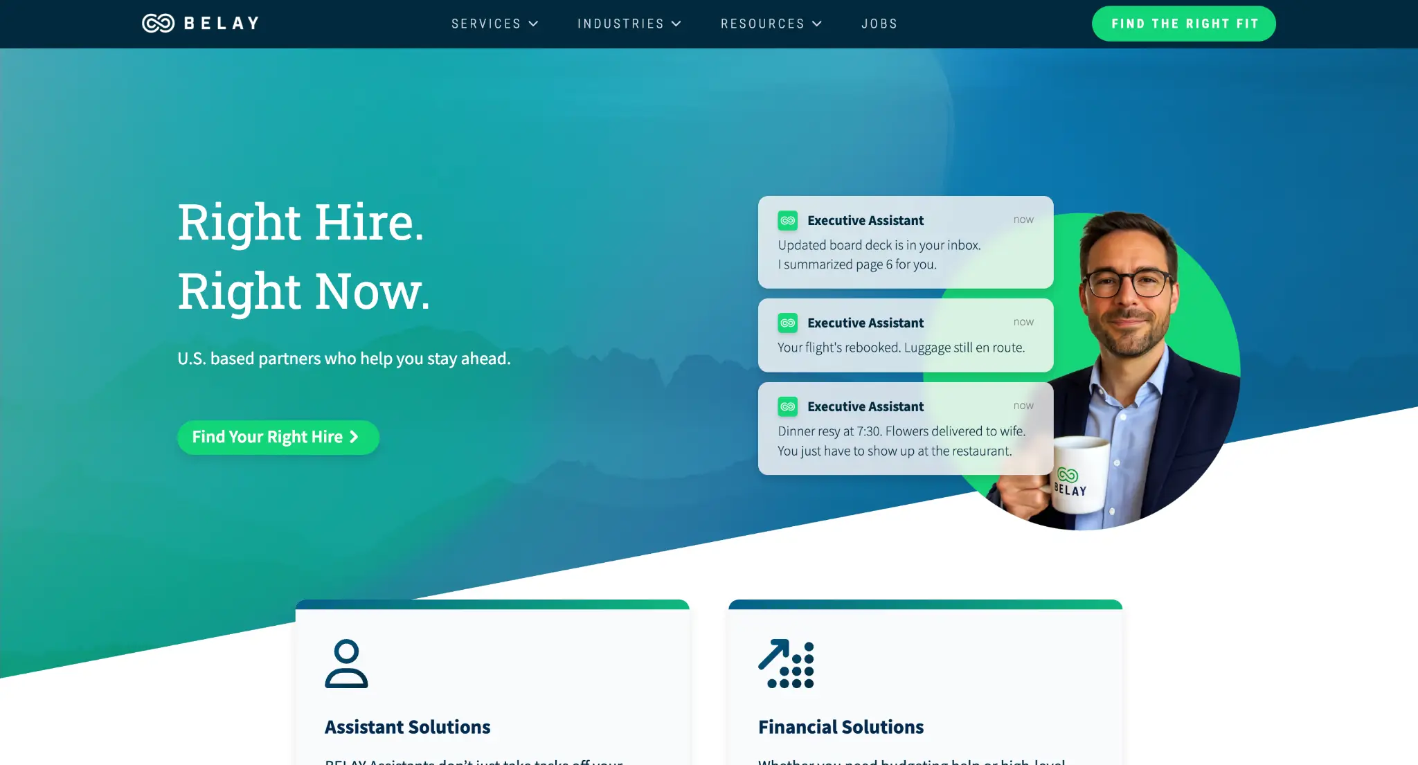 Man holding a Belay mug with chat messages against teal and green gradient background