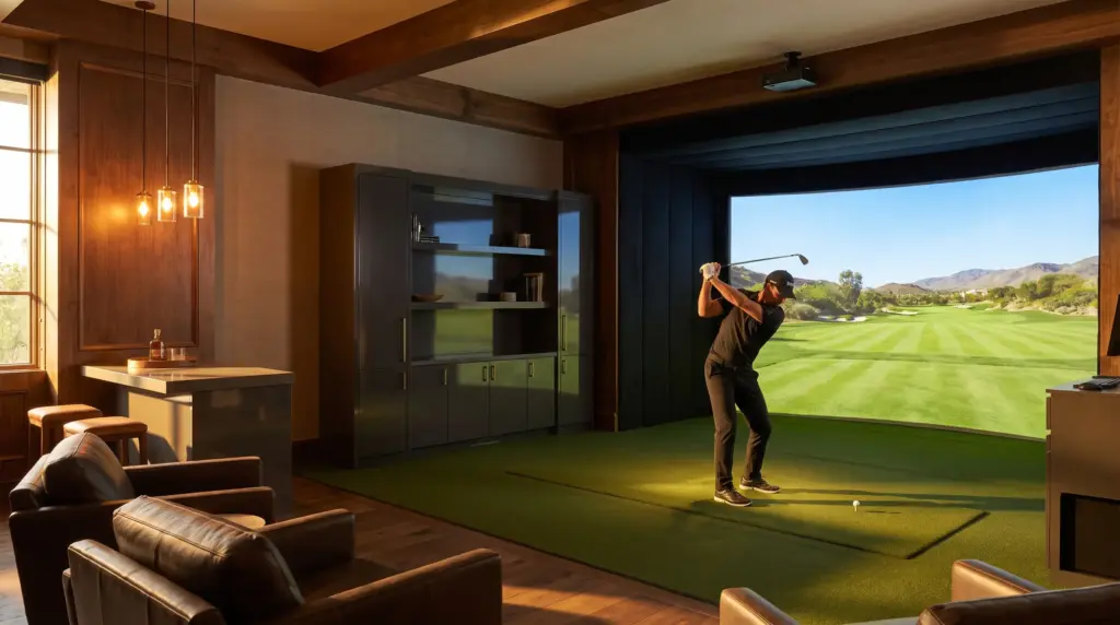 Golfer practicing swing in luxurious indoor golf simulator room with warm lighting and leather chairs