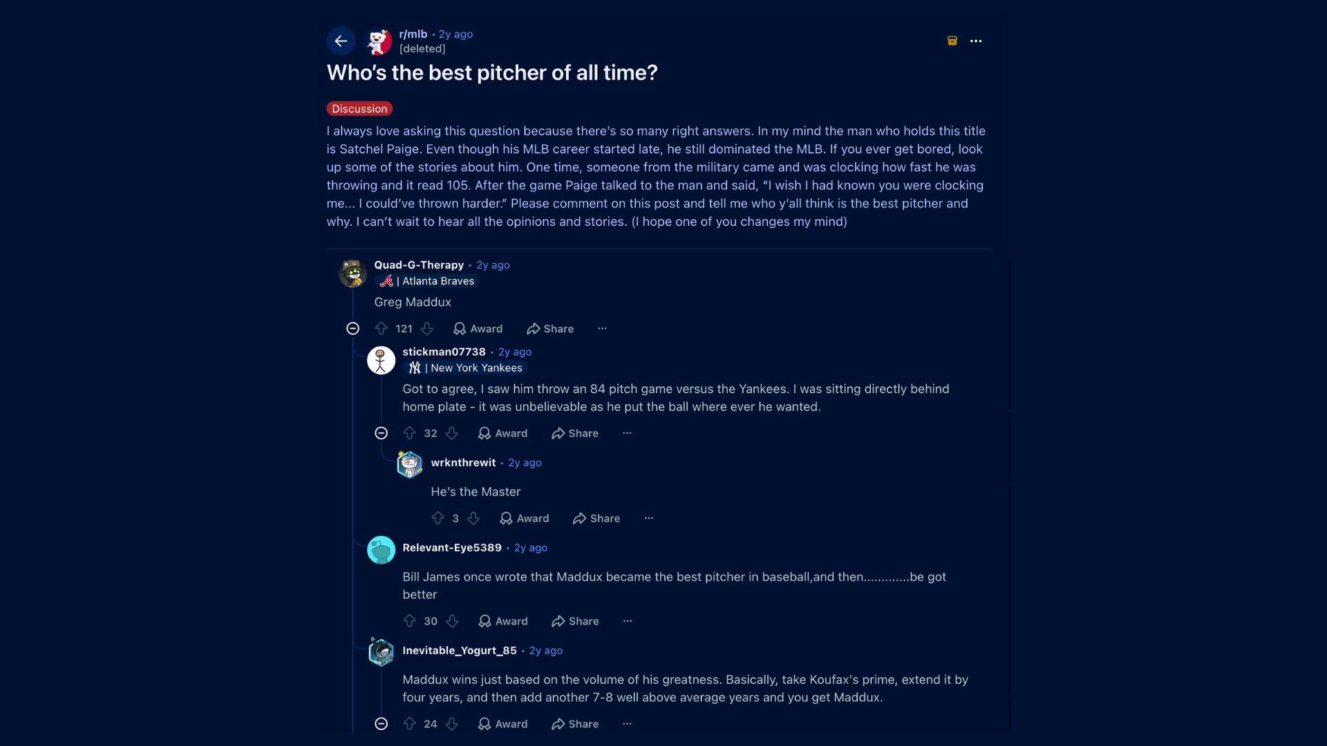 reddit discussion where baseball fans debate the best pitcher of all time mentioning greg maddux and satchel paige