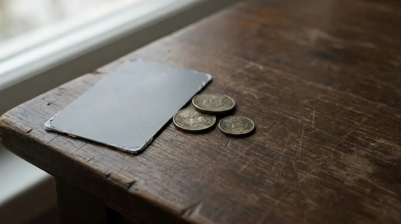 Coins and a gray card on a rustic wooden table near a window