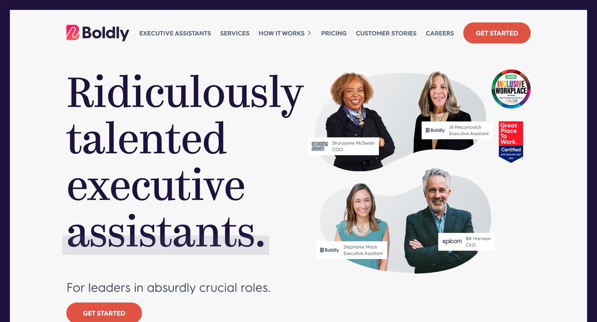 Collage of executive portraits with job titles on white background, featuring workplace certification badges