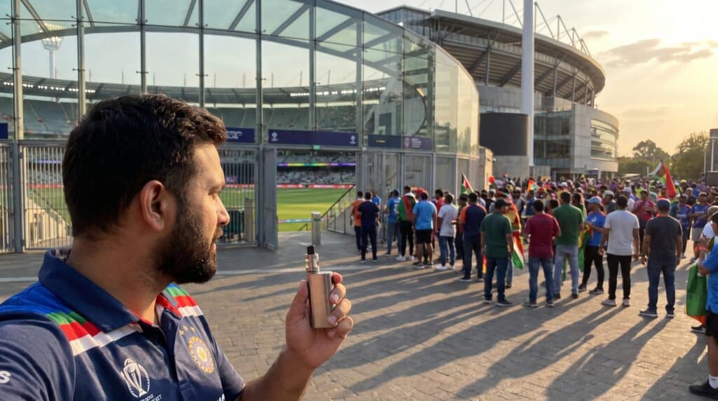 Man holding vape device outside stadium entrance with crowd gathering under evening sun