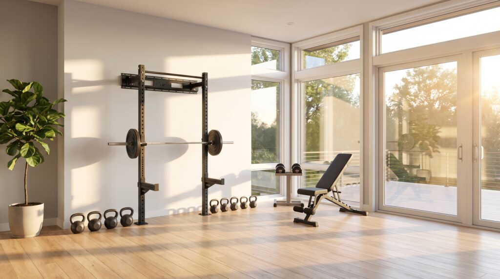Barbell weight rack and kettlebells in sunlit home gym with large windows and plant