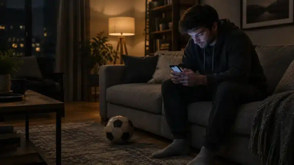 Man in dark hoodie using smartphone on sofa in dimly lit living room with soccer ball on floor