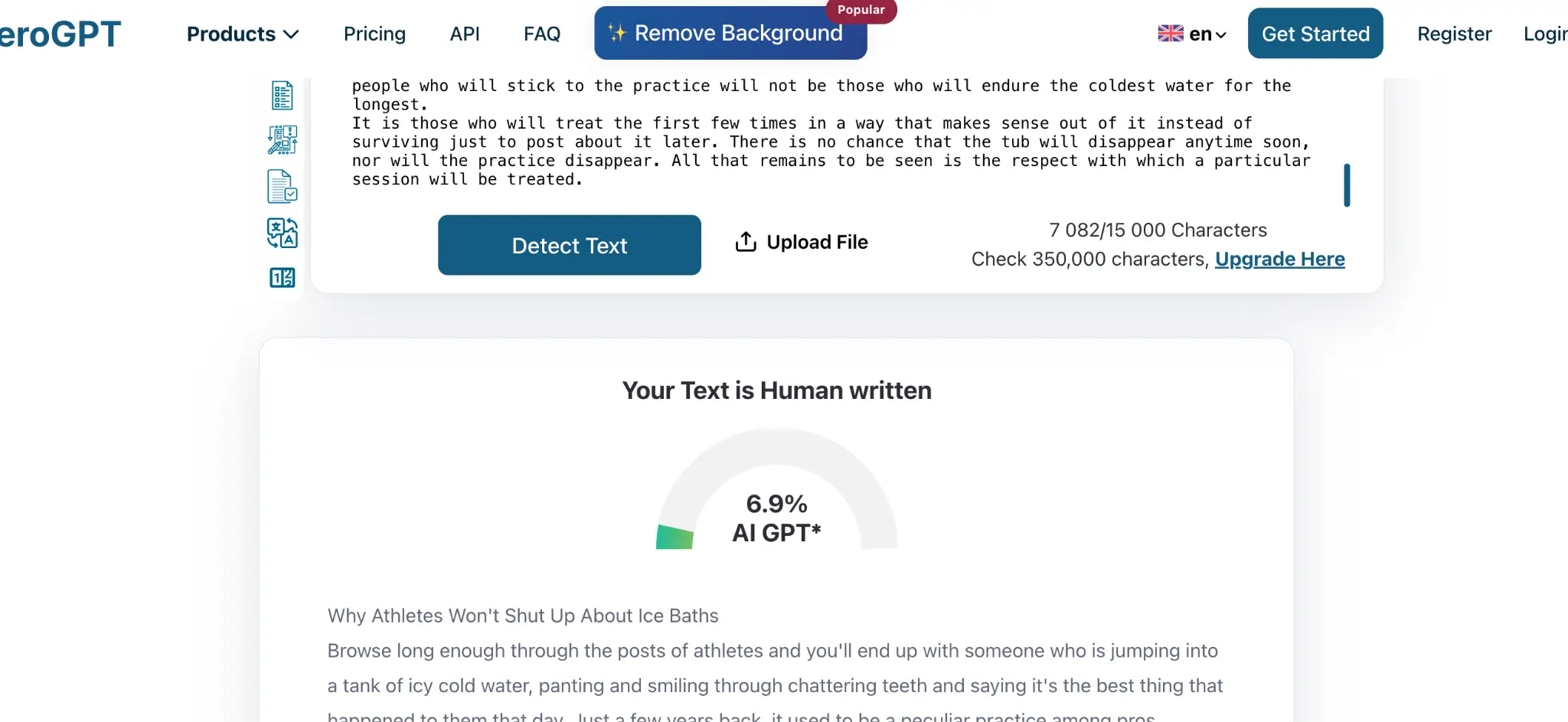 AI content detection tool interface showing text analysis and results in a browser window