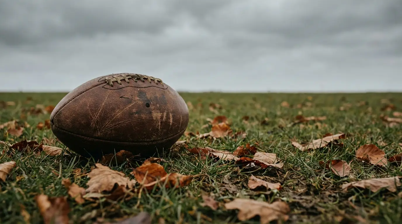 Worn leather football resting on grass field with autumn leaves under cloudy sky
