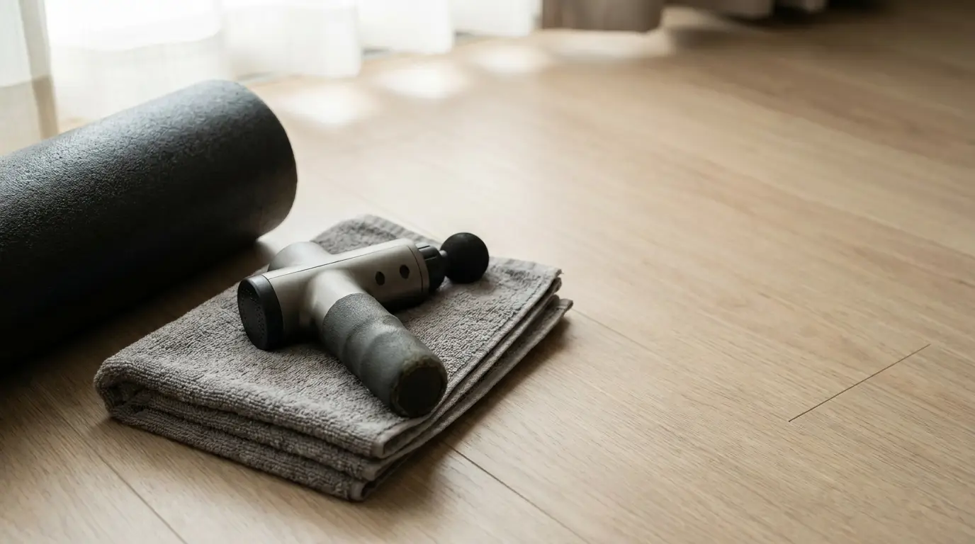 Massage gun and rolled yoga mat on wooden floor beside folded towel