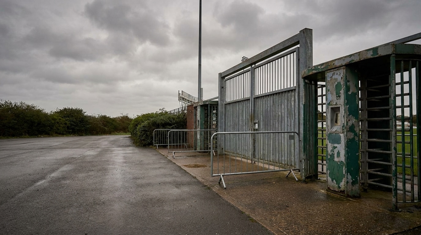 Turnstile entrance to an empty sports field under overcast sky