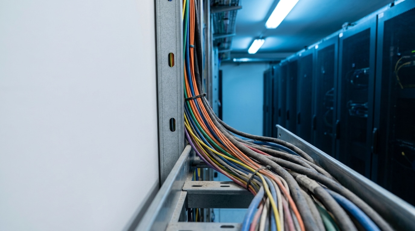 Multicolored cables bundled on rack in a dimly lit data center hallway