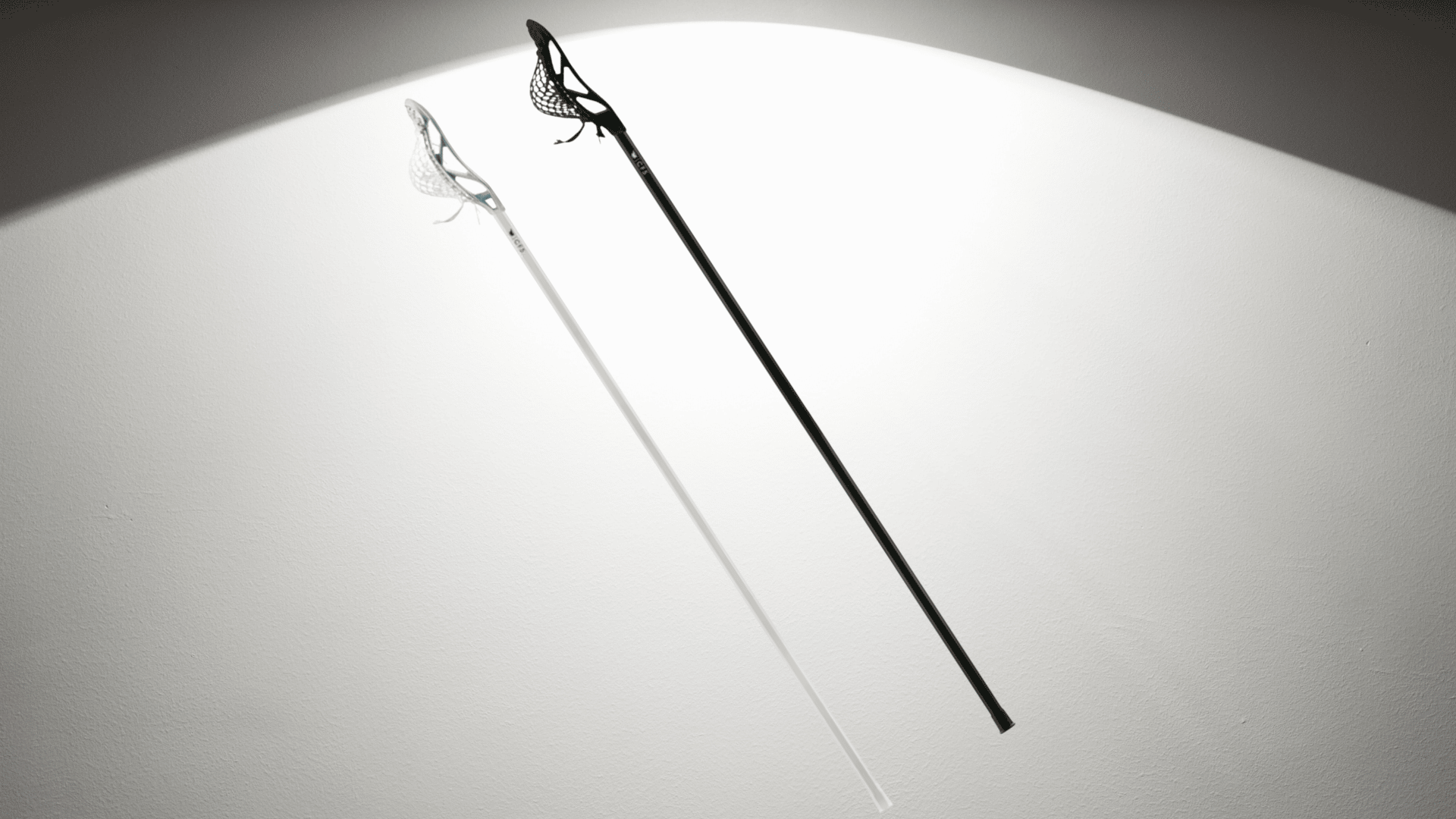 ecd rebel defense cf5 lacrosse stick with long dark shaft and white head on a light background