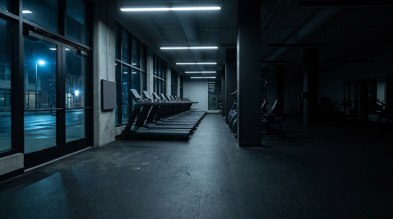 Row of treadmills in dimly lit modern gym with large windows and concrete pillars