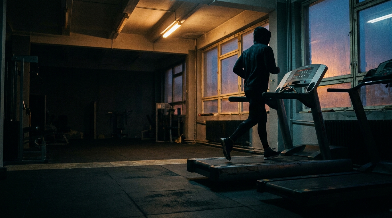 Person in hoodie jogging on treadmill in dimly lit gym with large windows