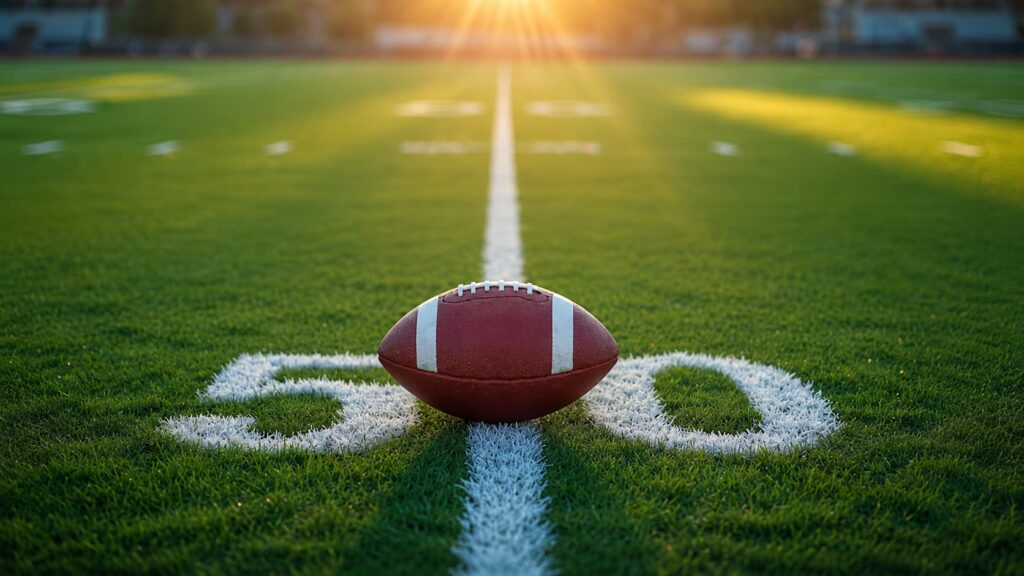 american football on the 50-yard line at sunset with green turf and blurred stadium background