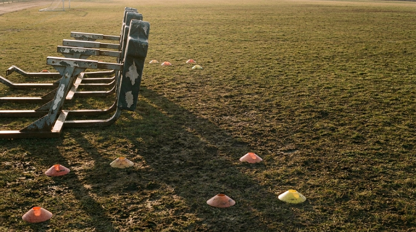 Football tackling sled on a grassy field with scattered training cones under morning light