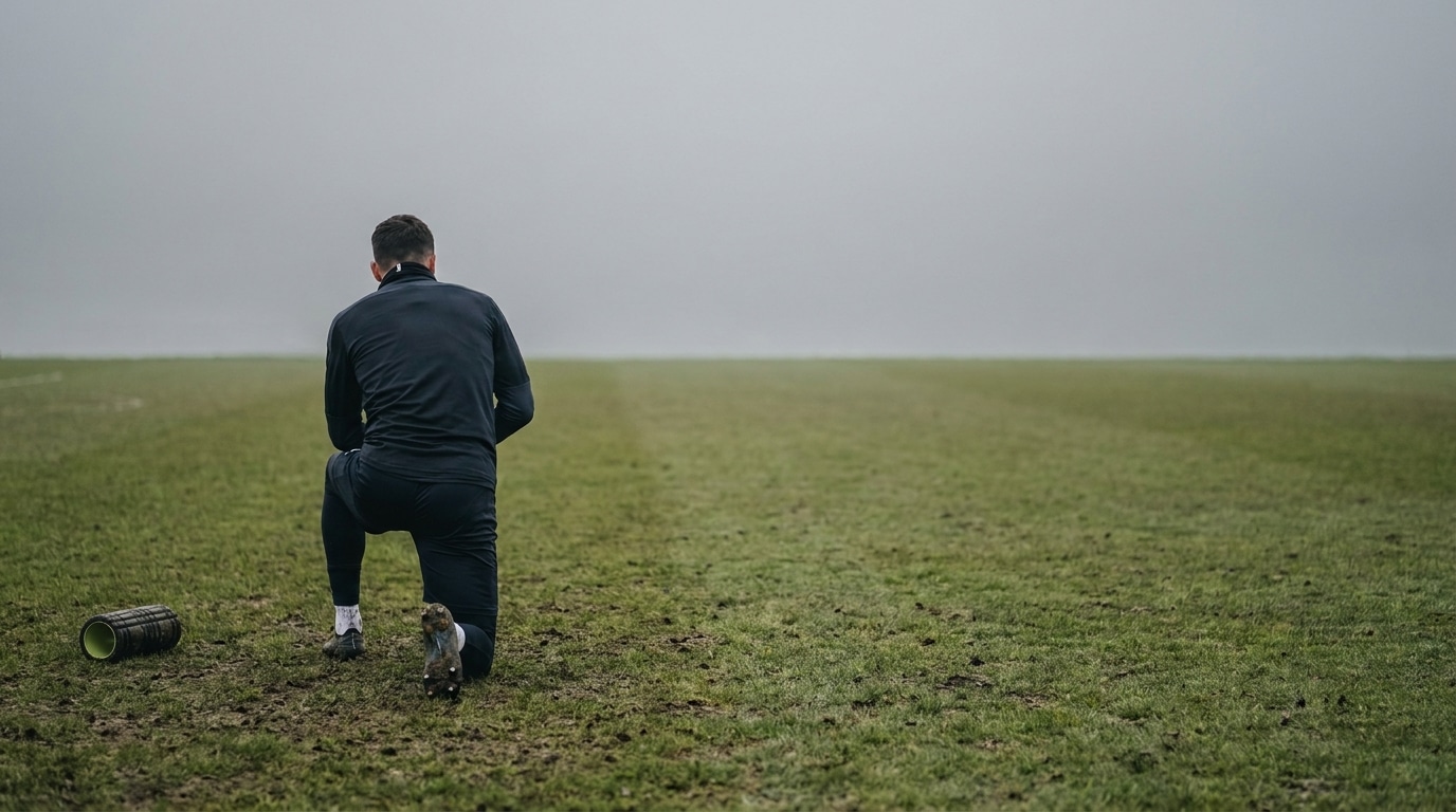 Person kneeling on a grassy field next to a foam roller under cloudy sky