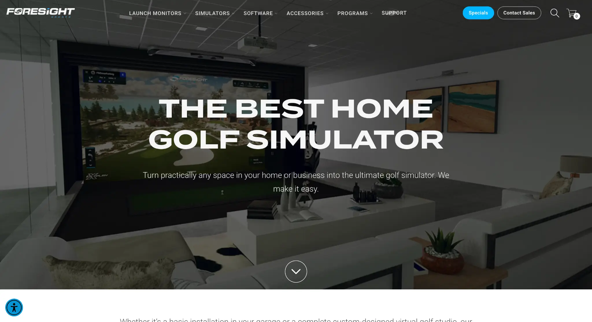 Golf simulator setup in modern living room with comfortable seating and projector screen