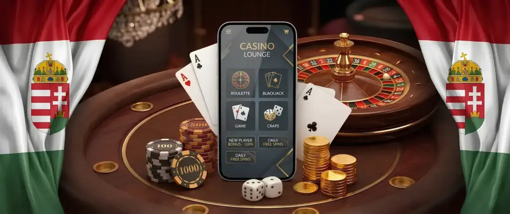 Smartphone displaying casino app surrounded by poker chips, cards, roulette wheel, and dice on table