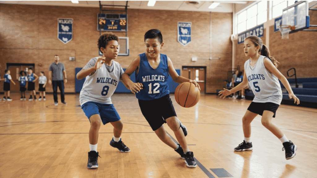 young basketball players dribbling and defending during a school game on indoor court with teammates