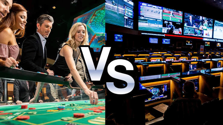 People playing at a casino table contrasted with a busy sports betting area with screens