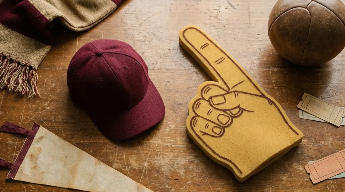 Maroon cap, foam finger, vintage scarf, and leather ball on wooden table